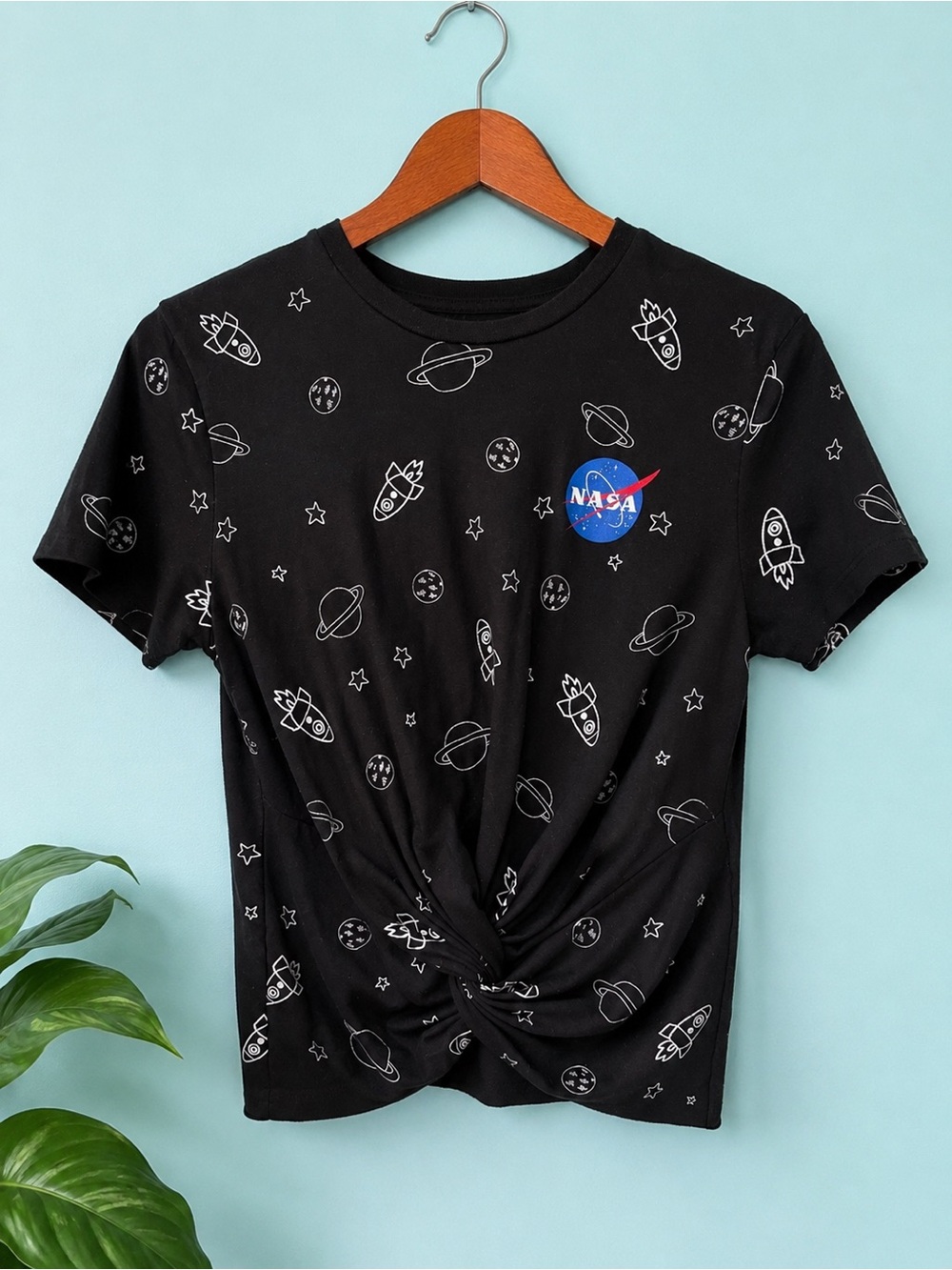 NASA Space Graphic Twist Front T Shirt Black Small All Over Print